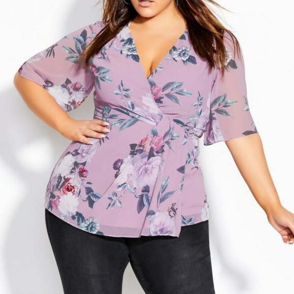 City Chic Tops - City Chic NEW Blouse Floral Short Sleeve V-neck Rosewood XXL Career Casual